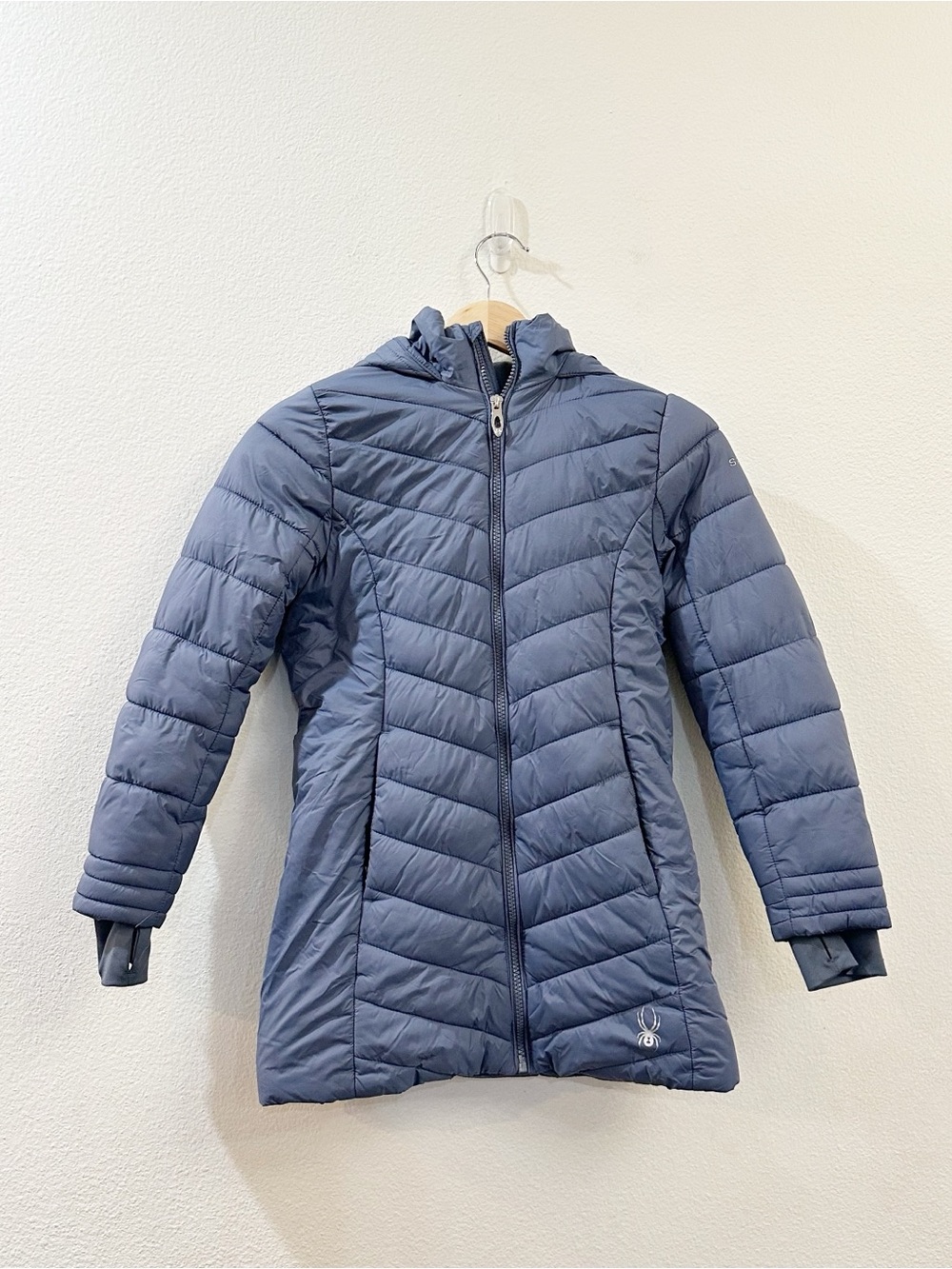 SPYDER Girls Boundless Long Puffer Coat Dark Cloud Blue Insulated Size M 8-10